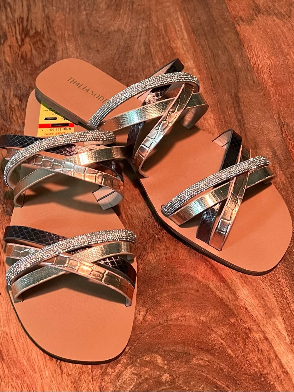 Thalia Sodi Silver Metallic Cross-Strap Slide Sandals
